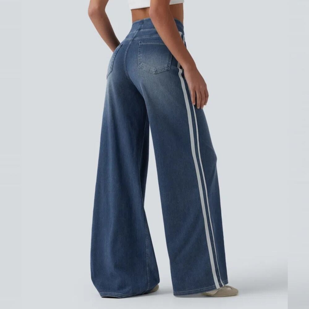 NWT Halara Flex High Waisted Stripe Wide Leg Flowy Washed Casual Jeans Size MR - Picture 8 of 8
